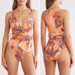 Hutch Louanne One Piece SWIMSUIT Size L Orange Floral Wrap Belt NEW